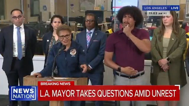 "If you want to know what the National Guard is doing, drive by the federal building. They are stationary": Los Angeles Mayor Karen Bass says the Guard is not doing crowd control and that local law enforcement agencies are handling protests against ICE in the city. More: