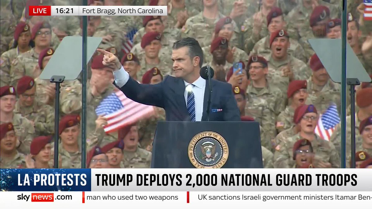 "We are rebuilding the military after four years of delayed maintenance." US Secretary of Defence Pete Hegseth speaks at Fort Bragg, North Carolina ahead of 250th anniversary of US Army. 📺 Sky 501, Virgin 602, Freeview 233 and YouTube