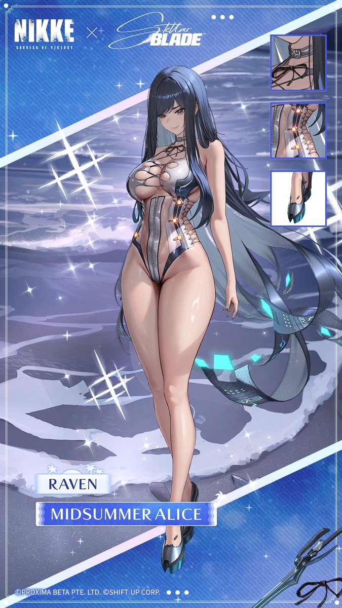 【Costume Introduction】 #NIKKExStellarBlade #NIKKECollab #Raven Introducing the new costume of Raven: Midsummer Alice! 👗 It can be obtained from [MIDSUMMER PASS] after upgrading to premium-pass and fulfilling specific conditions. ◆Costume Name Midsummer Alice HD Ver: 🔗: #NIKKE