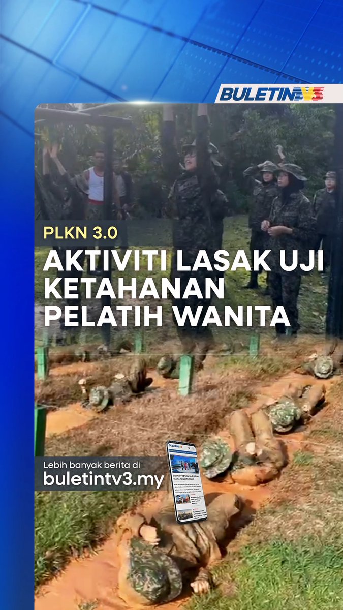 Beberapa pelatih wanita Program Latihan Khidmat Negara (PLKN) 3.0 Siri 2 telah menjalani ujian ketahanan fizikal dan mental menerusi aktiviti lasak seperti abseiling, repelling dan merentas halangan di Kem Perdana Sungai Besi, semalam. PLKN 3.0 Siri 2 dijadualkan berakhir pada 24 Jun ini, melibatkan penyertaan seramai 188 pelatih wanita yang menjalani latihan di Kem Rejimen 515 Askar Wataniah, Kuala Lumpur dan 257 pelatih lelaki di Kem Rejimen 505 Askar Wataniah, Pekan, Pahang. #BuletinTV3 #PLKN #pelatihwanita #aktivitilasak #pelatih #cabaran #wanita