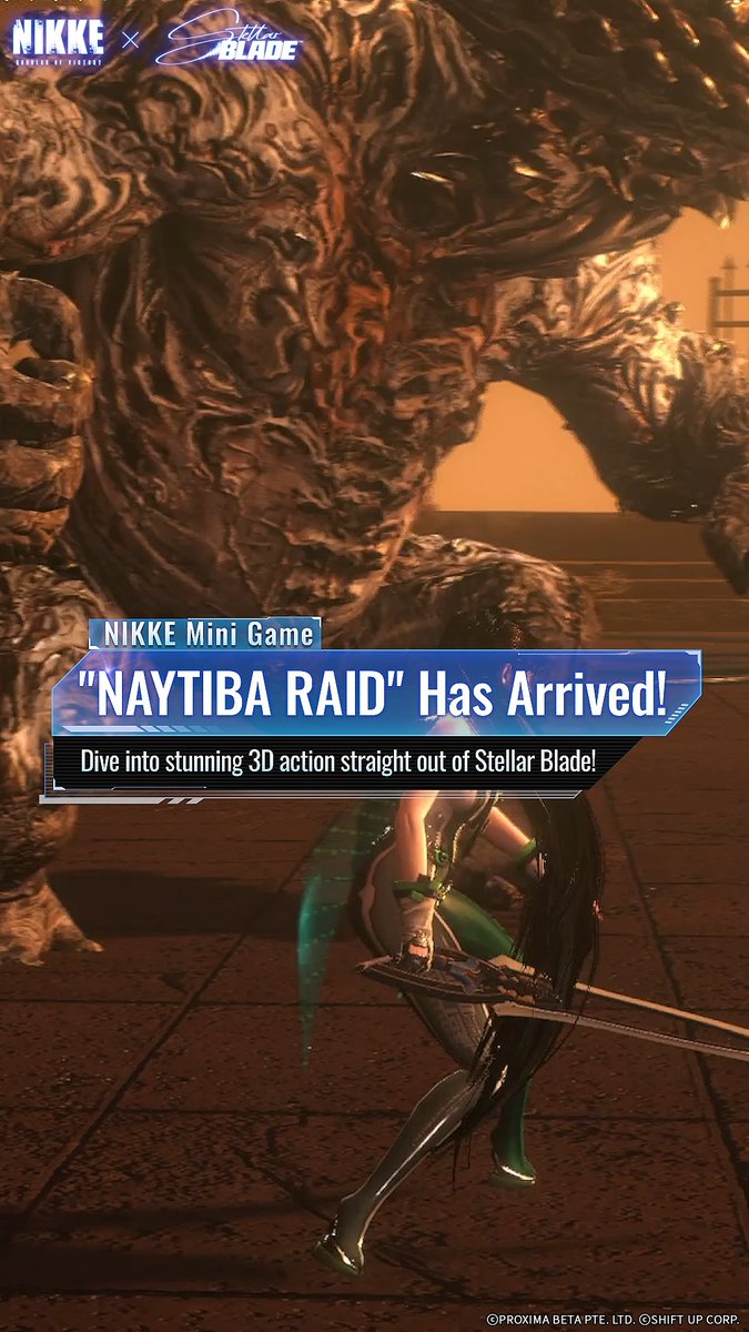 【NIKKE Mini Game NAYTIBA RAID Incoming】 Dive into high-speed action with NAYTIBA RAID, the new mini-game inspired by Stellar Blade — coming soon to NIKKE! Master Naytiba’s patterns and strike back to win! *This recording was made in a test environment. Please refer to the in-game for the most accurate version. #NIKKExStellarBlade #NIKKECollab #NIKKE