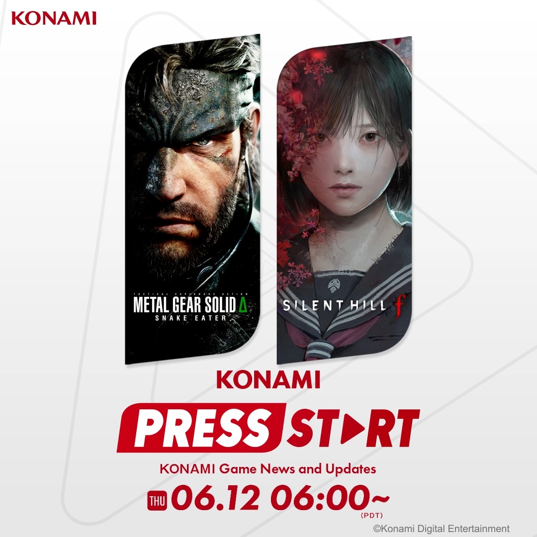 Don't forget to tune in for the KONAMI PRESS START ▶️ event TOMORROW at 6a.m. PDT/ 9a.m. EDT Watch KPS for an extended look at METAL GEAR SOLID Δ: SNAKE EATER and SILENT HILL f 📺 🎮 Watch live on the KONAMI Twitch or YouTube channel 📺 🟣 - 🔴 - #KonamiPressStart