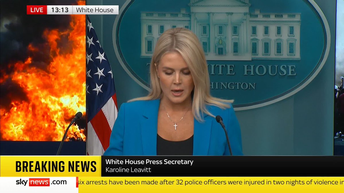 White House press secretary Karoline Leavitt says Donald Trump "will never allow mob rule to prevail in America". Her comments come after President Trump deployed National Guard troops to tackle immigration protests in LA. Latest: 📺 Sky 501 and YouTube
