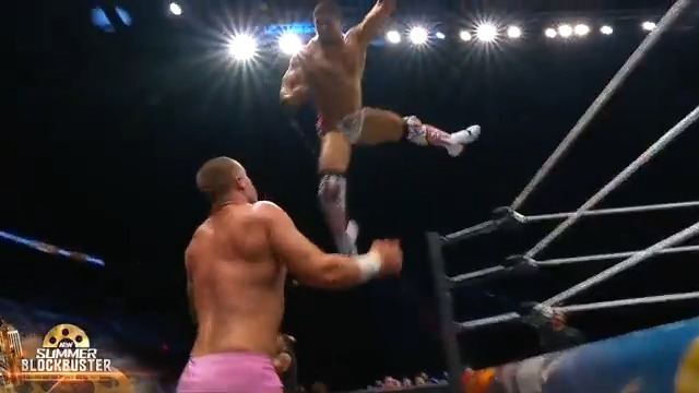 From the top to the outside! Anthony Bowens takes out @KyleFletcherPro! Watch #AEWSummerBlockbuster LIVE on TBS &amp; MAX