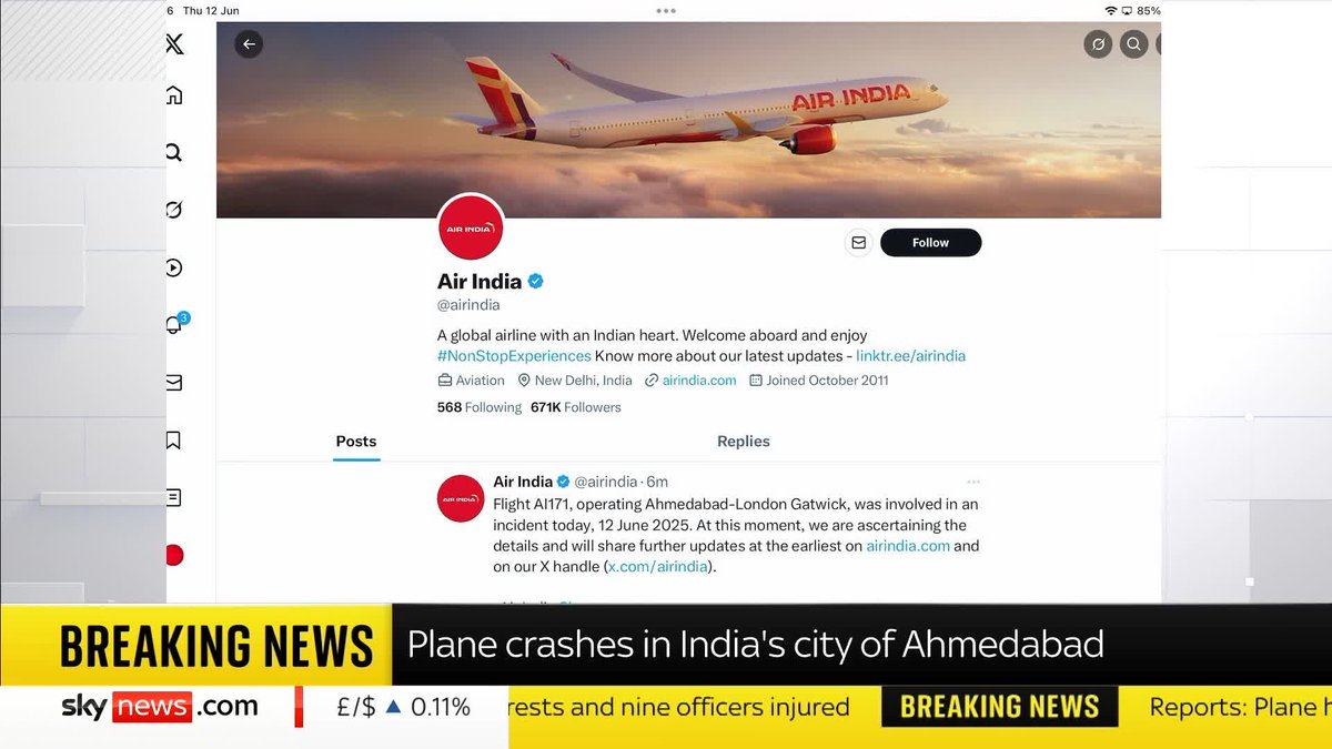 BREAKING: A plane with more than 200 people on board has crashed. The flight which took off from Ahmedabad was heading to London Gatwick, according to Indian media. Latest updates: 📺 Sky 501, Virgin 602, Freeview 233 and YouTube