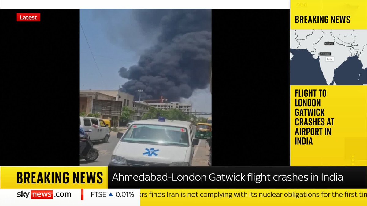 New images show a plume of smoke in the area where a plane carrying more than 200 people crashed. The flight which took off from Ahmedabad was heading to London Gatwick, according to local media. Latest updates: 📺 Sky 501 and YouTube
