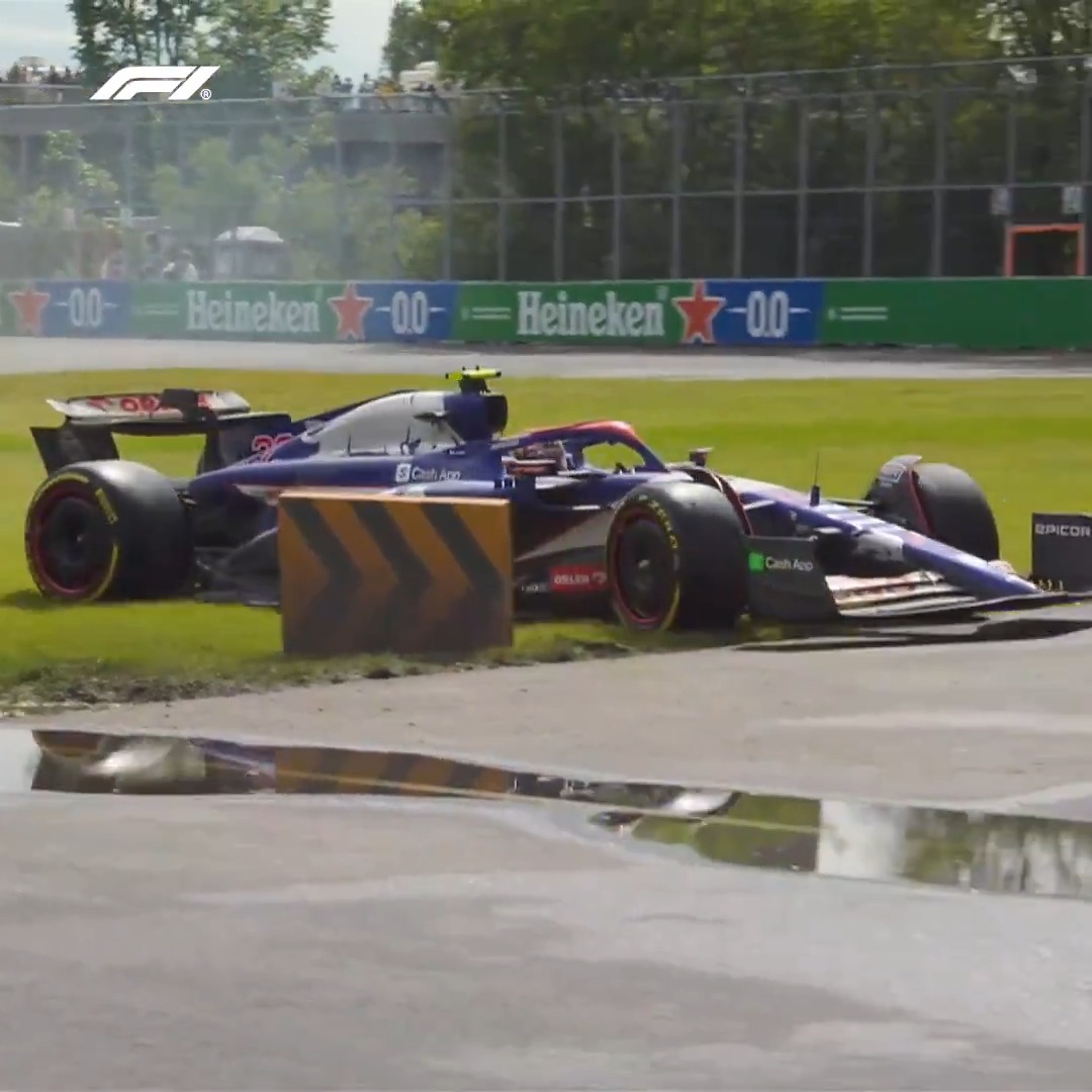 The closest of calls! 🫣 Yuki Tsunoda spins on the wet grass and onto the racing line in Montreal last season 😱 #F1 #CanadianGP