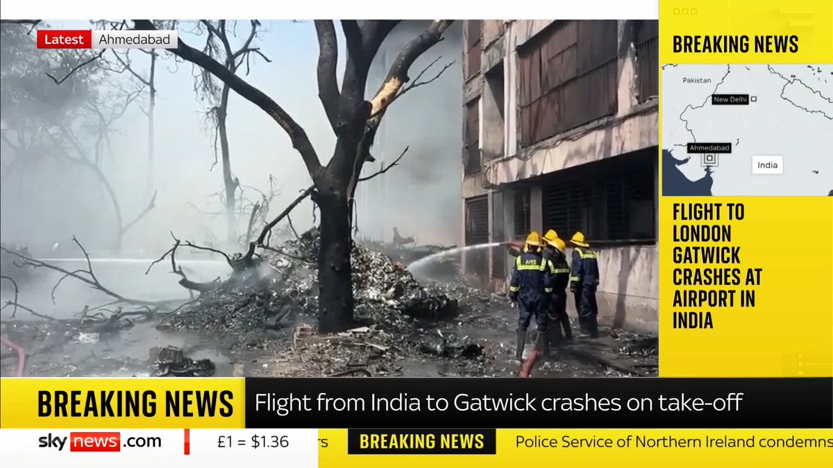 Warning distressing images: Footage shows a plane coming down in India just after take-off, followed by a fireball. The plane was departing Ahmedabad airport en route to London Gatwick. It's reported at least 242 people were on board of whom 53 are British nationals.