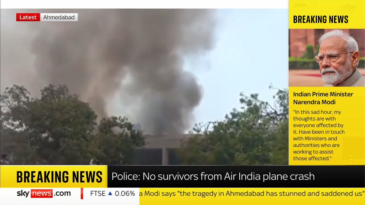 BREAKING: There appear to be no survivors from the Air India plane that crashed on its way to London Gatwick, a city police commissioner has told the Associated Press and Reuters. Latest updates: 📺 Sky 501, Virgin 602, Freeview 233 and YouTube