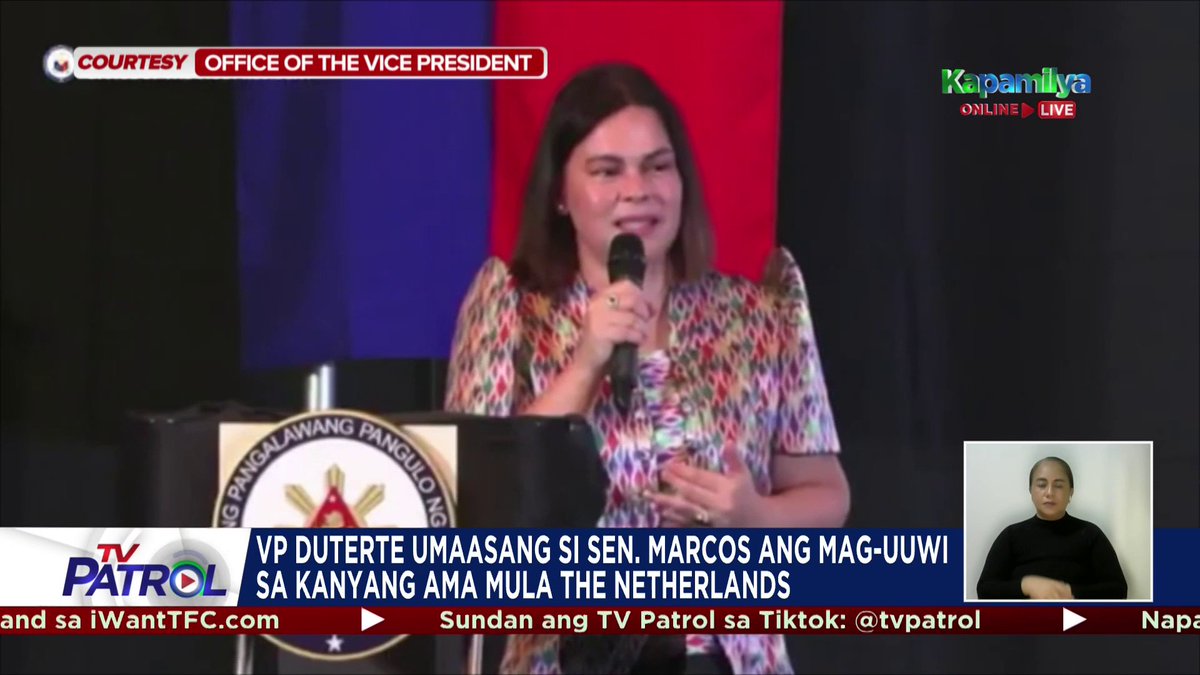 Umaasa si Vice President Sara Duterte na si Senador Imee Marcos ang mag-uuwi kay dating pangulong Rodrigo Duterte sa Pilipinas mula sa kustodiya ng International Criminal Court sa the Netherlands.