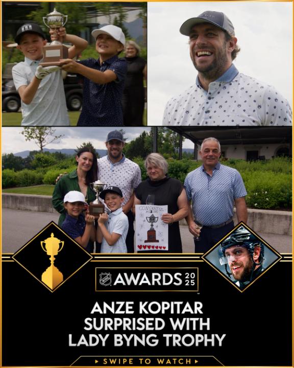 And the "Nicest NHL Player" award goes to... 🏆 Anze Kopitar's kids surprised him with his third Lady Byng Memorial Trophy during a day of family golf in Slovenia. 🥹 Catch the 2025 #NHLAwards before Game 4 of the #StanleyCup Final TONIGHT at 6p ET on NHLonTNT and Sportsnet!