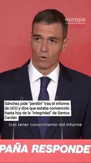 En política no se pide perdón, se dimite. Pedro Sánchez se cree que haciendo pucheritos y diciendo lo mucho que le ha decepcionado Santos Cerdán, se exime de su responsabilidad. Si tuviera dignidad y vergüenza, dimitiría. Pero solo le importa el poder.