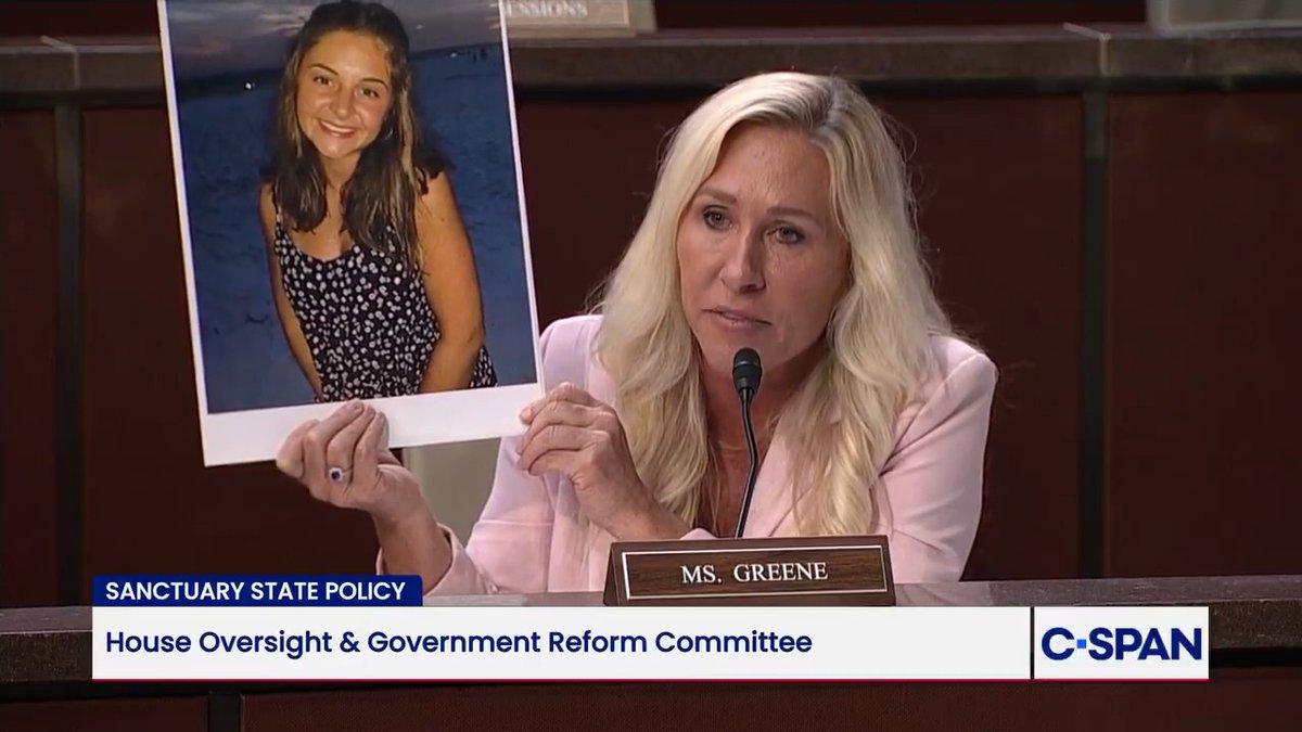Rep. Marjorie Taylor Greene (Rep. Marjorie Taylor Greene🇺🇸) to Gov. Kathy Hochul (D-NY): "This little girl right here, she would be alive today if you weren't such a treasonous governor supporting sanctuary laws... the Department of Justice should prosecute you for her murder."