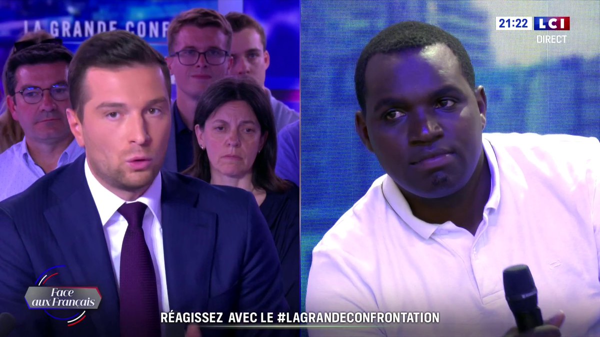 🔴 Jordan Bardella (Jordan Bardella) face aux Français #LaGrandeConfrontation 🗣️ "La France n'est pas un guichet social. Si demain nous arrivons à la tête du pays, en réservant les aides sociales aux familles françaises on va gagner 20 milliards d'euros par an."