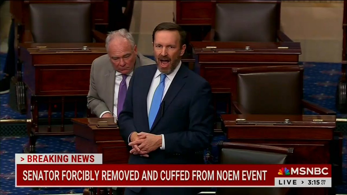 Senator Murphy: I don't ask law enforcement to throw my constituents to the ground and violently handcuff them because they have a different opinion from me. We don't do that in a democracy. If this is how a Senator can be treated, none of our constituents are safe. This is a test for the country