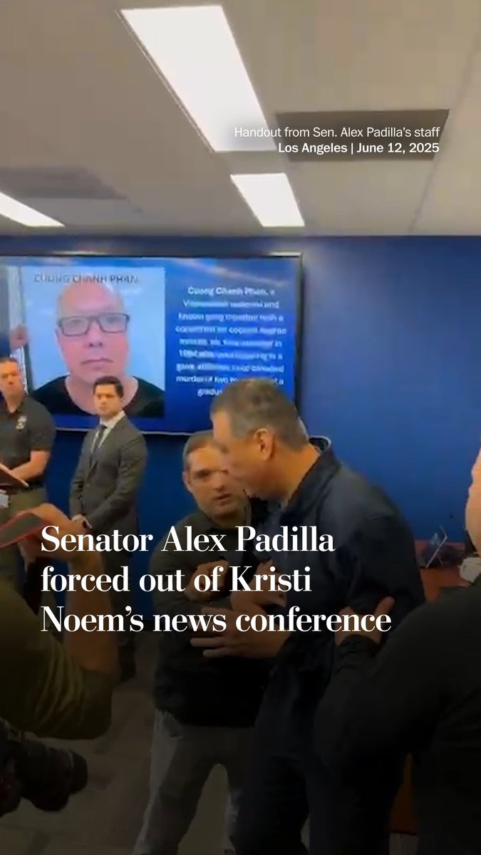 Sen. Alex Padilla (D-California) briefly interrupted Homeland Security Secretary Kristi L. Noem’s news conference in the Los Angeles FBI headquarters on Thursday, saying he had questions for her.