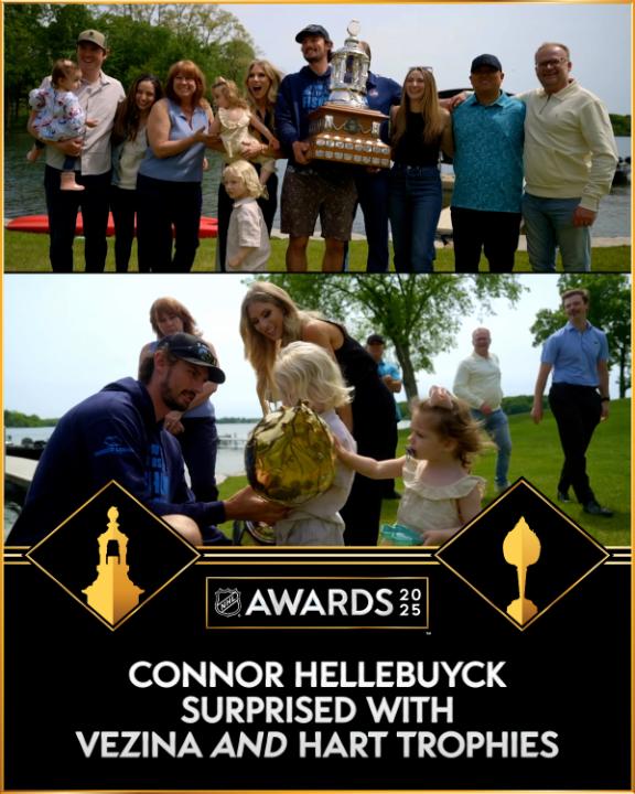 Two for one! ๐๐ See Connor Hellebuyck's reaction to being surprised with both the Vezina AND Hart Trophy. #NHLAwards