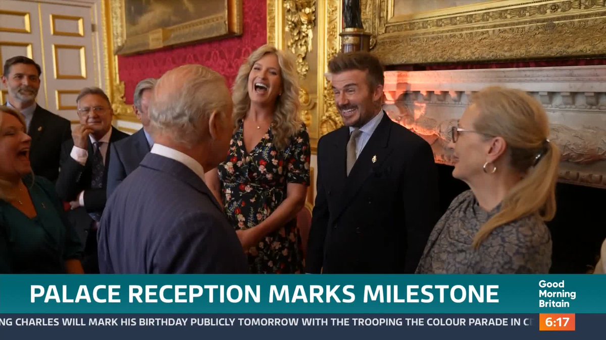 Tomorrow the King will attend the Trooping the Colour ceremony with other members of the Royal family. Yesterday he met celebrities including David Beckham, who’s widely expected to receive a knighthood in the birthday’s Honours List. Polly Bartlett reports.