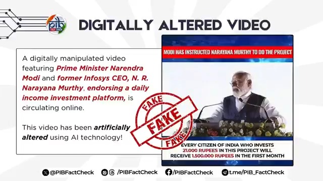 A video circulating on social media shows Prime Minister Narendra Modi and former Infosys CEO N. R. Narayana Murthy promoting an investment platform. In the video, the Prime Minister can be seen asking citizens to invest ₹21,000 and earn up to ₹1,500,000 per month. #PIBFactCheck ✔️This is a digitally altered fake video. Do not fall for such scams ✔️Beware of such videos promoting investment platforms/products Ministry of Finance PMO India