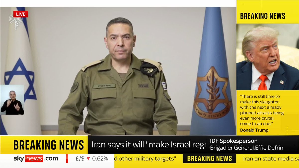 'The IDF is continuing to prepare for additional strikes to defend the state of Israel.' IDF spokesperson Brigadier General Effie Defrin speaks following Israel's attack on Iran's nuclear sites. 📺 Sky 501 and YouTube