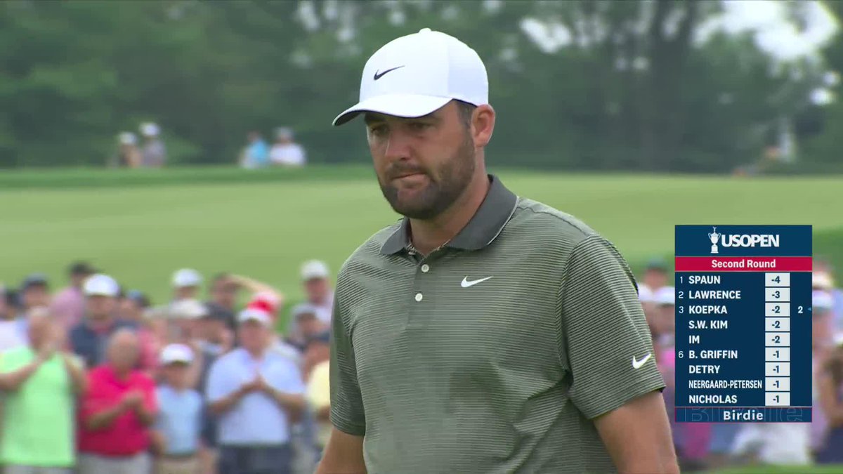"Good morning, Oakmont. I'm here." -- Scottie Scheffler calmly rolls in an arcing 20-footer on No. 10 to start his second round with a birdie.