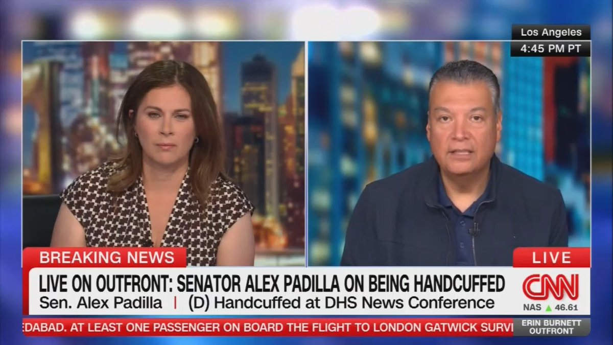 Senator Padilla: A member of the National Guard and an FBI agent escorted me over to the press conference. They opened the door for me. I said who I was, I began to ask a question, and it was maybe half a second later before there were multiple agents on me. I'm being pushed down on the floor. They handcuffed me. I kept asking, 'why am I being detained?' No response