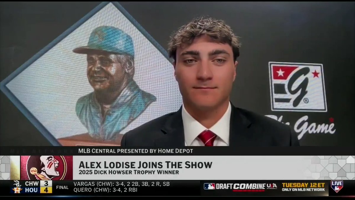 The 2025 Dick Howser Trophy winner is Alex Lodise from FSU Baseball! 🏆 The junior shortstop joined us on #MLBCentral to receive the award and talk through what it means to be etched in college baseball history.