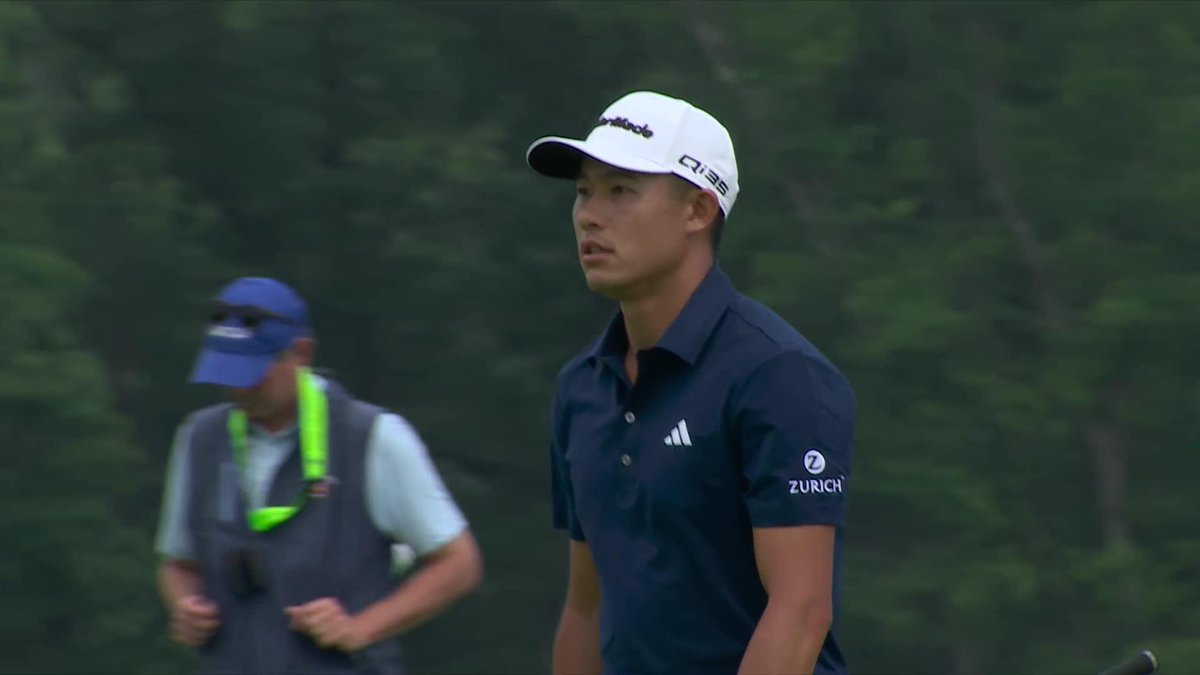 That's gone. Morikawa goes from greenside to decidedly not greenside. He went on the make double.