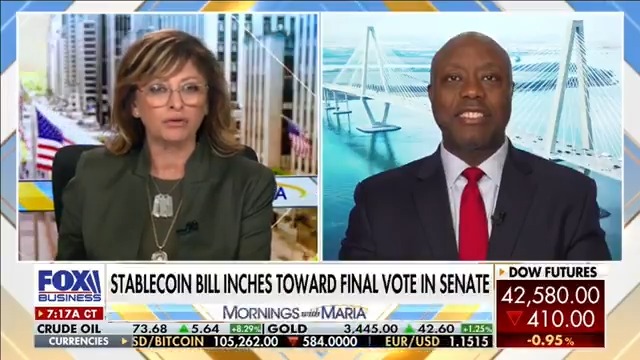 Chairman Senator Tim Scott joined Maria Bartiromo to highlight how the GENIUS Act – which creates a regulatory framework for stablecoins – will enable faster, cheaper, and more competitive transactions. Passing the GENIUS Act is a win for the U.S. economy.