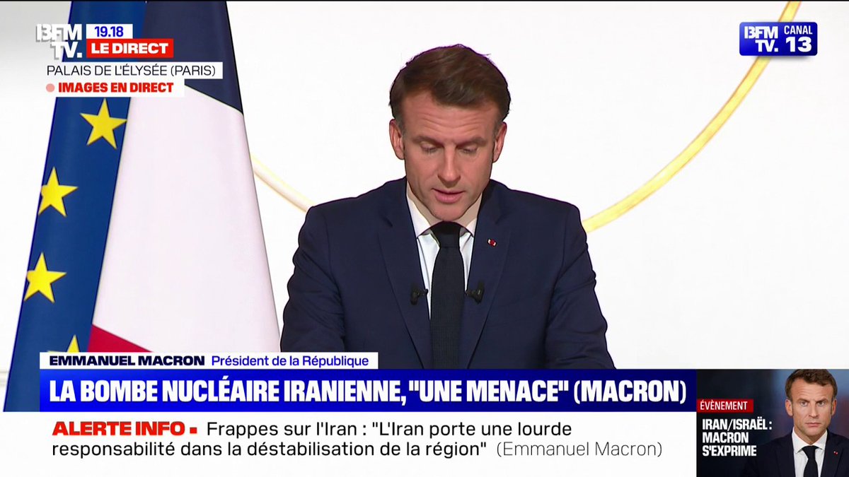 🚨🇫🇷🇮🇷🇮🇱 FLASH - "Nous ne pouvons pas vivre dans un monde où l’Iran posséderait la bombe atomique, car c’est une menace EXISTENTIELLE et une menace pour notre sécurité à tous", juge Emmanuel Macron. (BFMTV)