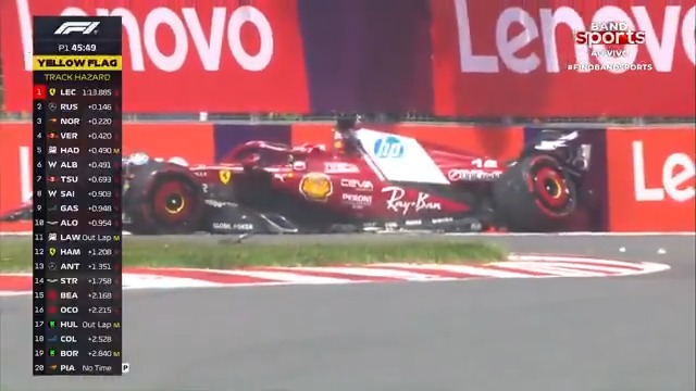 QUE FASE! Charles Leclerc bateu a sua Ferrari na curva 6 do circuito Gilles Villeneuve e causou a interrupção do primeiro treino livre para o GP do Canadá com uma bandeira vermelha. Veja o momento da batida. #F1naBand #EsporteNaBand