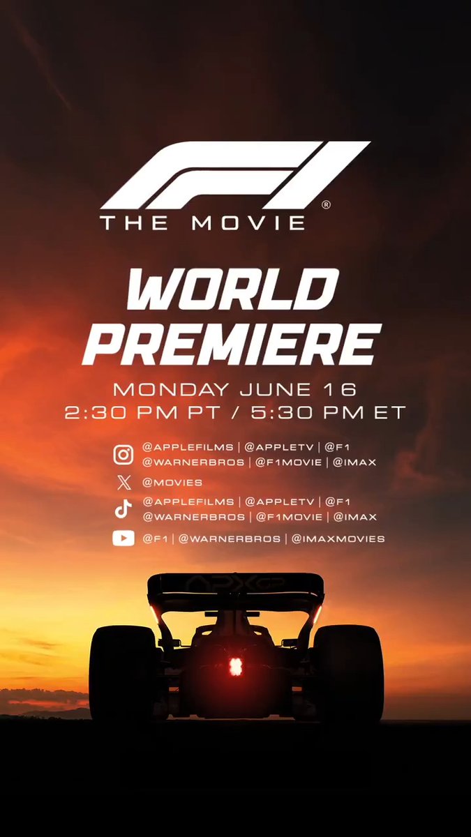 We’re going all out for the WORLD PREMIERE of #F1TheMovie! Tune in live to see your favorite stars, F1 drivers, and F1 The Album Artists take to the carpet. 🔥 Monday June 16 5:30 PM ET / 2:30 PM PT 📍@movies