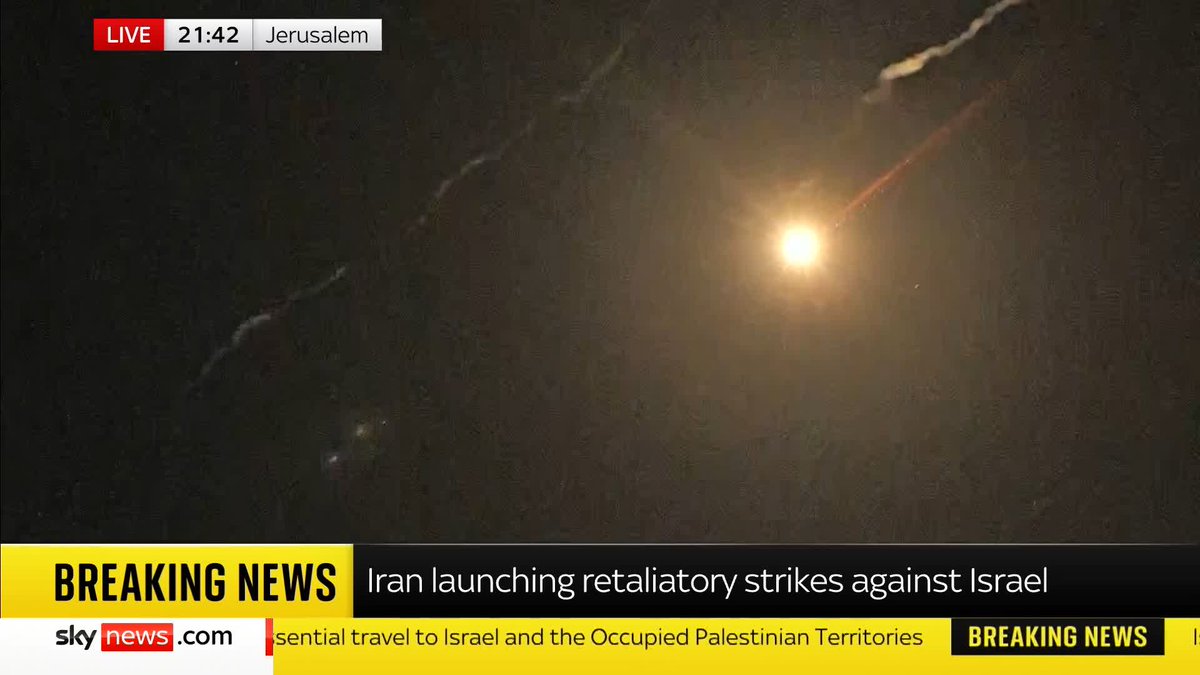 BREAKING: Iran state media says a second wave of missiles have been launched on Israel. Sky's Alistair Bunkall reports live from Jerusalem as the missiles appear to head west towards Tel Aviv. Live updates here 🔗 📺 Sky 501, Virgin 602, Freeview 233