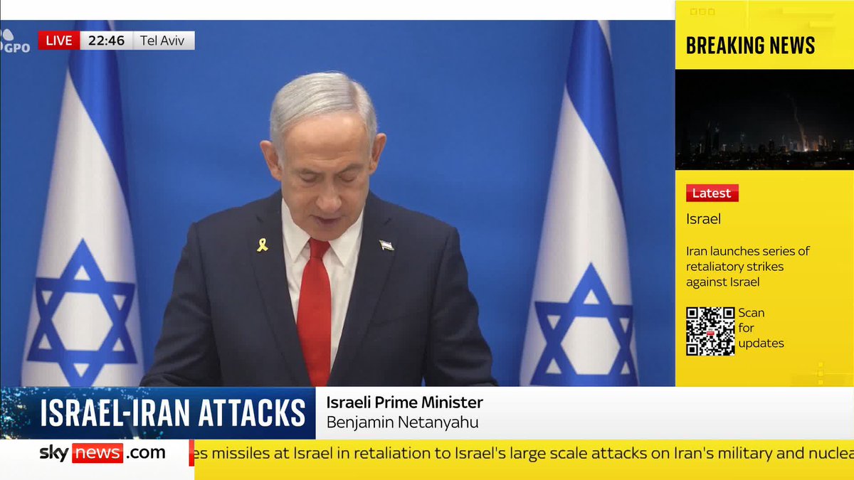 'Israel's fight is not with the brave people of Iran, it is with our common enemy, a murderous regime that oppresses you' Israeli PM Benjamin Netanyahu speaks as Iran launches retaliatory strikes against Israel