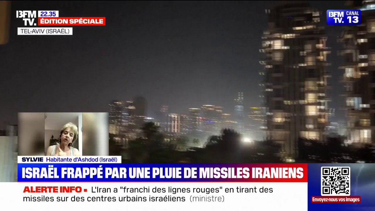 💬 "C'est la première fois en 21 ans que je vois des tirs pareils" Sylvie, habitante d'Ashdod, au sud de Tel-Aviv, raconte la riposte iranienne sur Israël