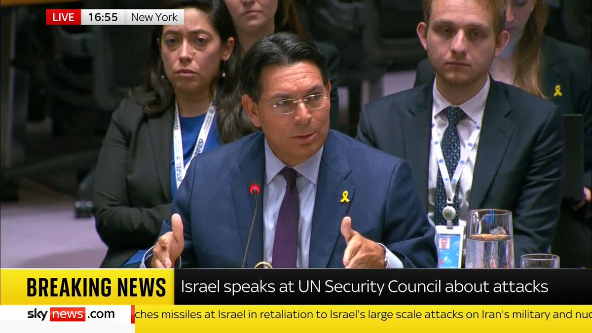 "As we speak, hundreds of ballistic missiles are striking Israel's cities, neighbourhoods and communities." Israel's representative to the United Nations Danny Danon speaks at a Security Council meeting, after Iran launched retaliatory strikes on Israel.