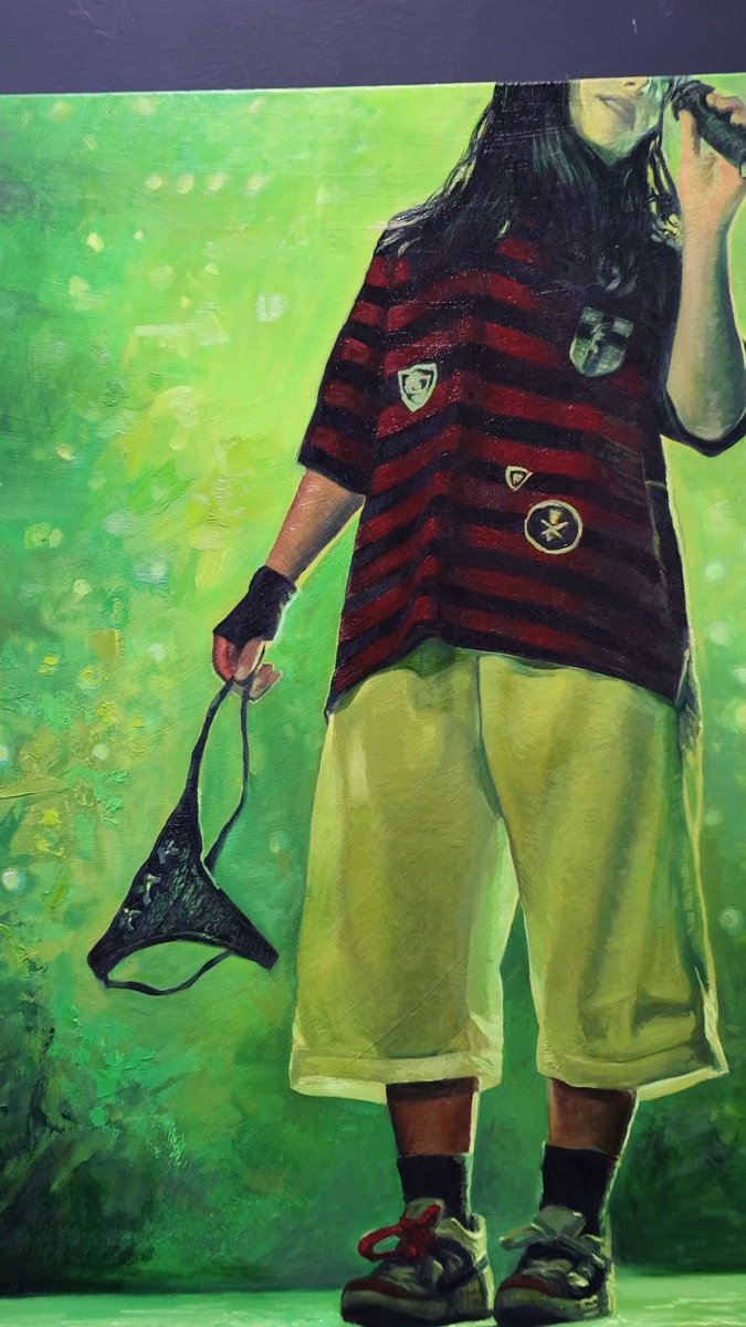 As I'm sure you all could GUESS... I've never stopped reminiscing on billie eilish's MSG performance & now I have this painting to commemorate it 💚 #QueerMusicWeek 🎨: Halie Torris • #MTVxHalieTorris title: "guess" oil on canvas 30" x 40"