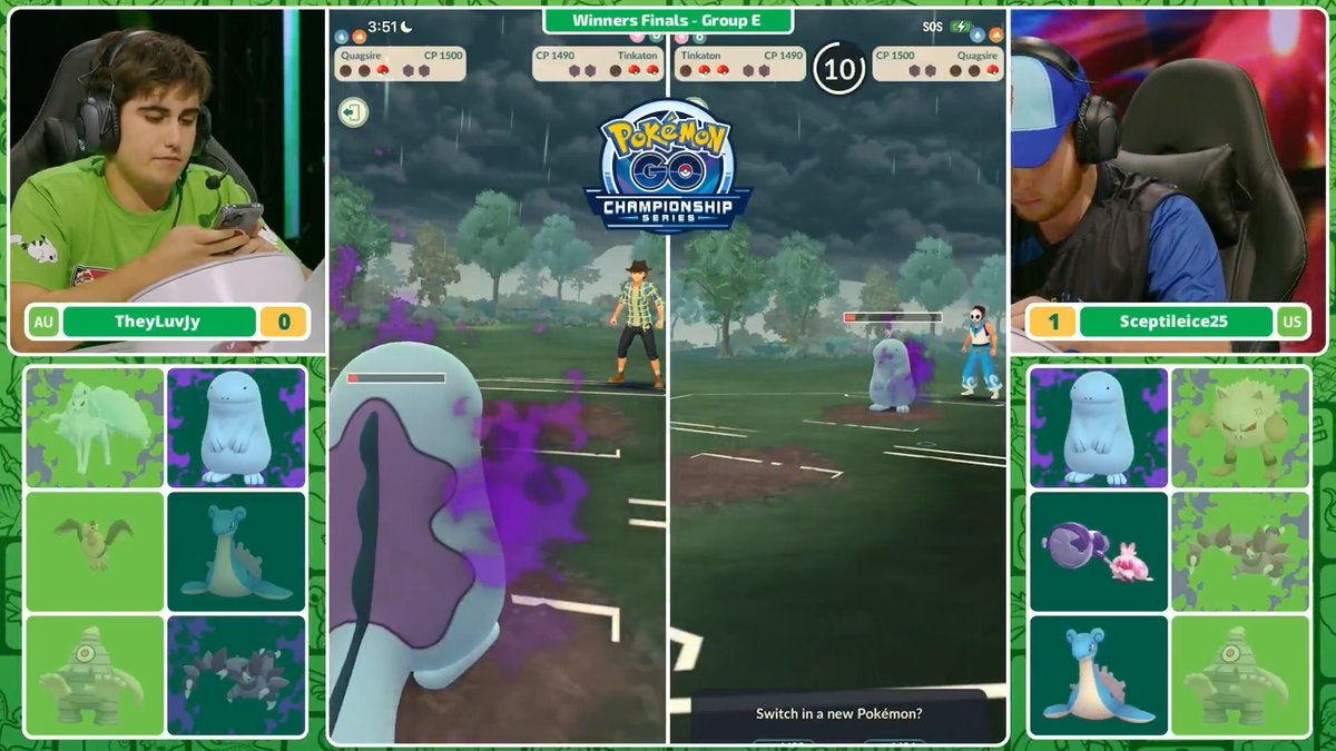 Down but NOT out 😤 TheyLuvJy is able to use Shadow Quagsire to take out all 3 of their opponents’ Pokémon and secure Game 2! #PokemonGO #PokemonNAIC