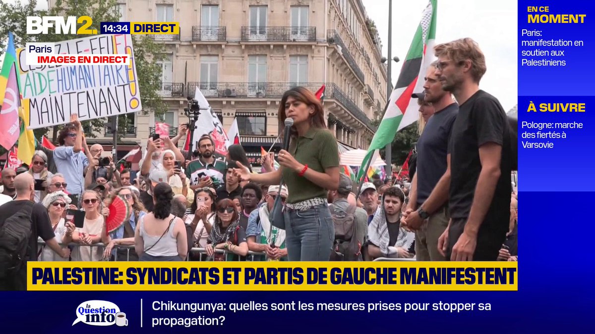 💬 "Emmanuel Macron doit nous entendre" Bateau humanitaire vers Gaza: "un signe d'espoir", assure la députée européenne Rima Hassan lors d'une manifestation en soutien à la Palestine à Paris #BFM2