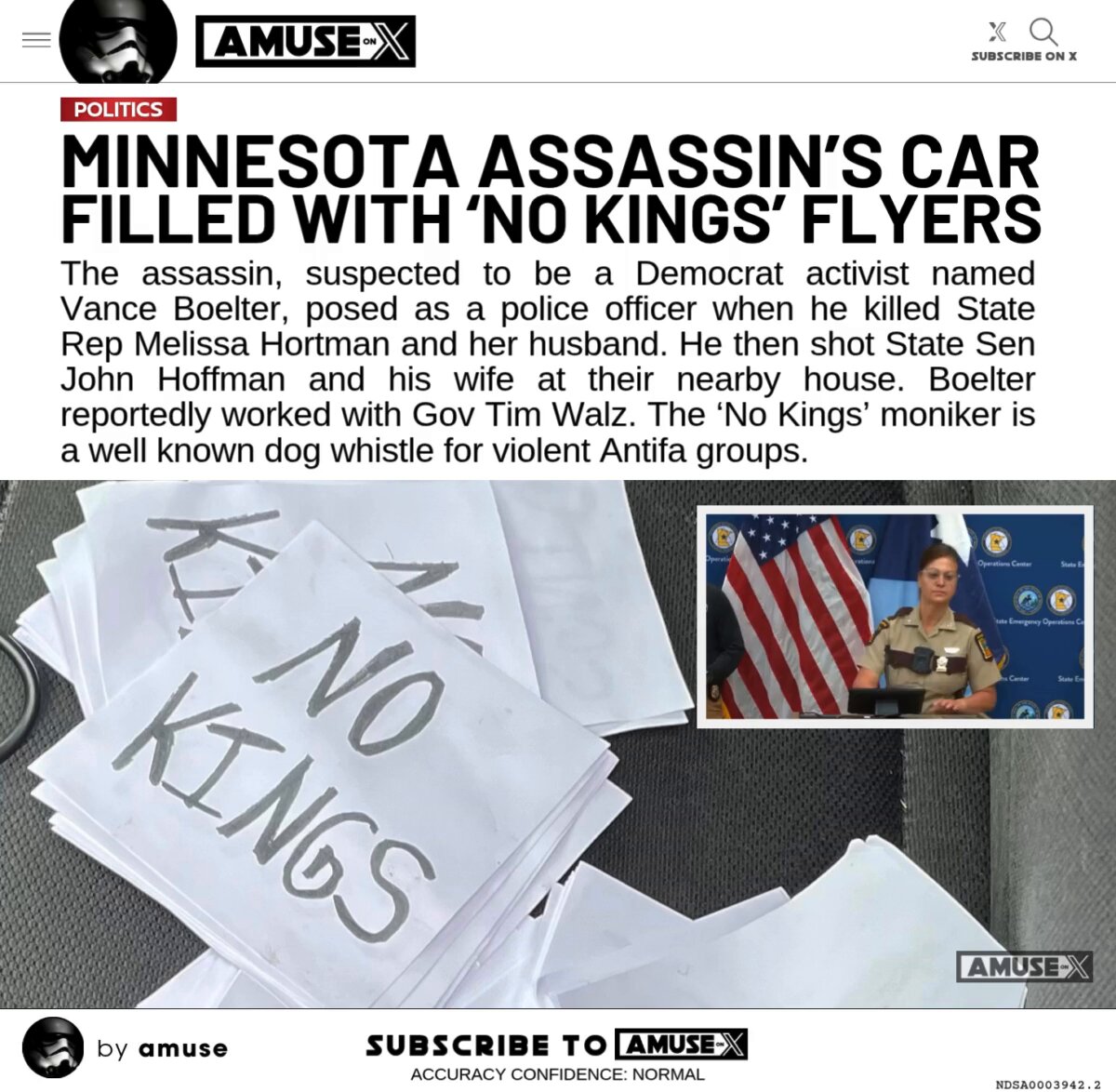 POLITICAL VIOLENCE: Suspected Minnesota assassin, Vance Boelter, a political appointee of Gov Tim Walz, shot a state representative and state senator along with their wives in their homes early this morning. His car was filled with 'No Kings' flyers - a moniker that was used as a dog whistle for Antifa and political violence.