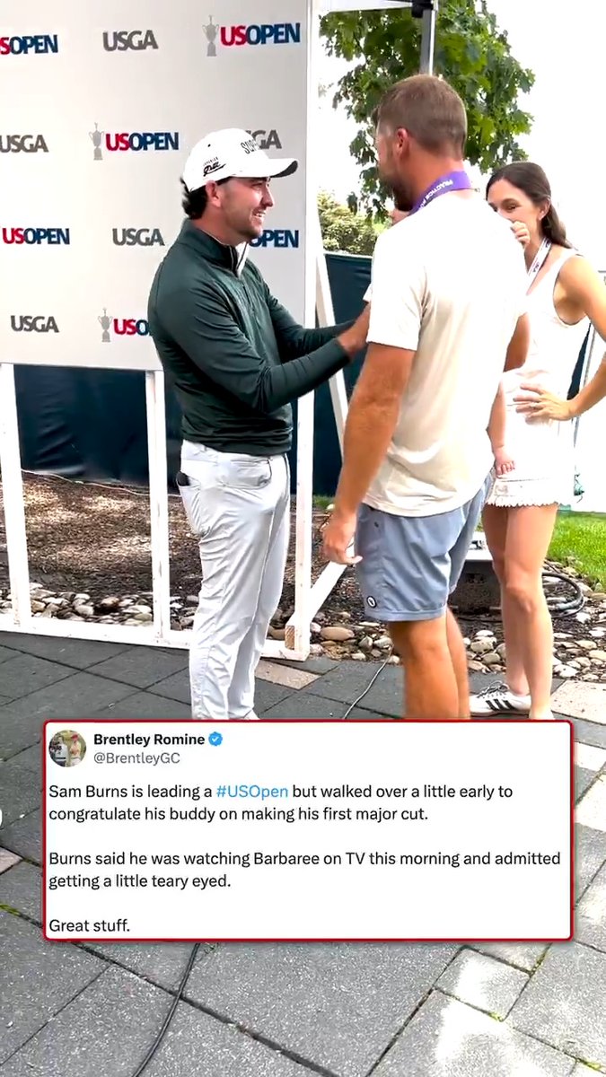 Friends supporting friends ❤️ Sam Burns congratulates his friend PHILIP BARBAREE JR after his first made cut in a major.