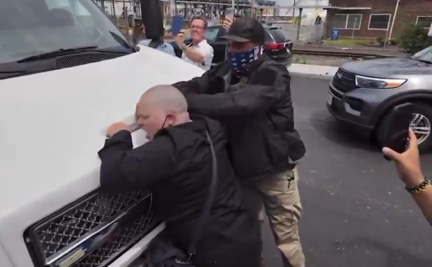 High calorie "anti ICE" "protester" attempts to stop a DHS vehicle in New Jersey. She clings to the front of the vehicle like a deranged MRNA injected octopus 🐙 while screaming only to be force to the ground and the vehicle proceeds as planned... #CityLife #newjersey #ice #DHS #mask #democrats #urban