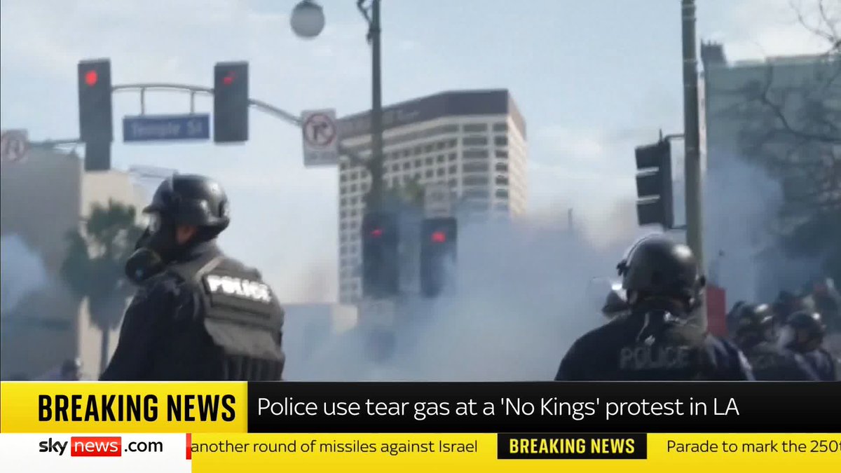 BREAKING: Pictures from Los Angeles show police using tear gas at a 'No Kings' protest. More than 1,500 protests against the Trump administration, organised under the slogan 'No Kings', were planned across the US today. Watch live: 📺 Sky 501