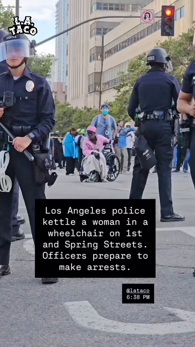 Protesters from No Kings Day are jumping fences to avoid being kettled and arrested by police in downtown L.A. One older woman in a wheelchair has been surrounded by police. ~ Lexis-Olivier Ray