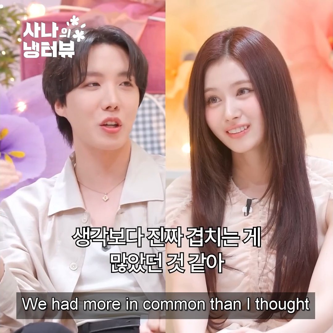 J-Hope and Sana talking about how TWICE & BTS had more in common than they thought, we're gonna get a lot of BANGTWICE stories 👀