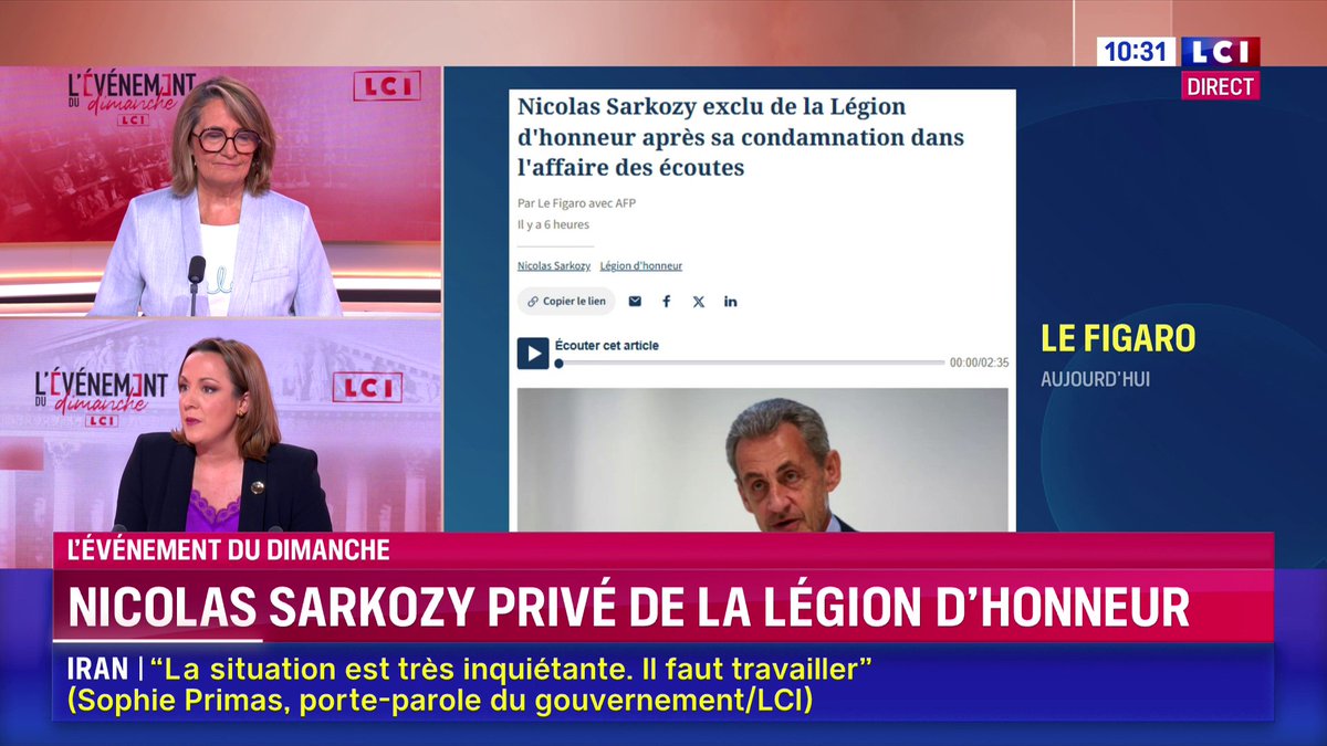 Nicolas Sarkozy, deuxième chef de l’État français exclu de la Légion d'honneur après Pétain : "Comparaison n'est pas raison et ce lien avec le maréchal Pétain est indigne... Je suis assez remontée contre cette comparaison" : Sophie Primas à Marie Chantrait