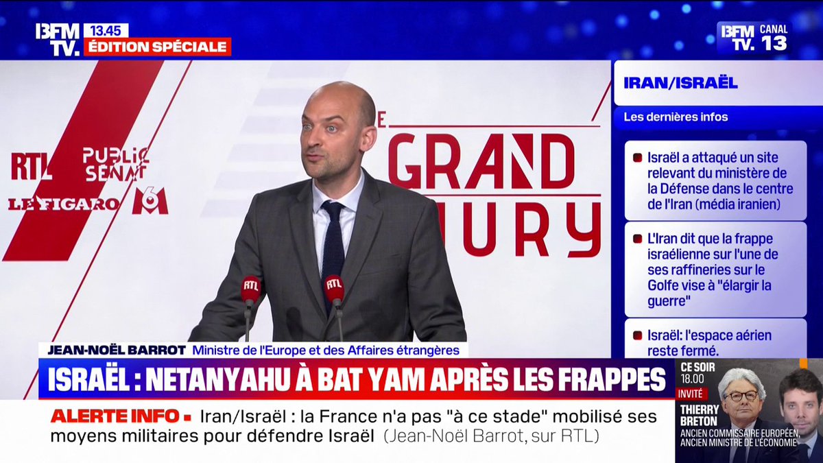 Jean-Noël Barrot (ministre des Affaires étrangères): "Nous nous tenons prêts à contribuer à la protection d'Israël"