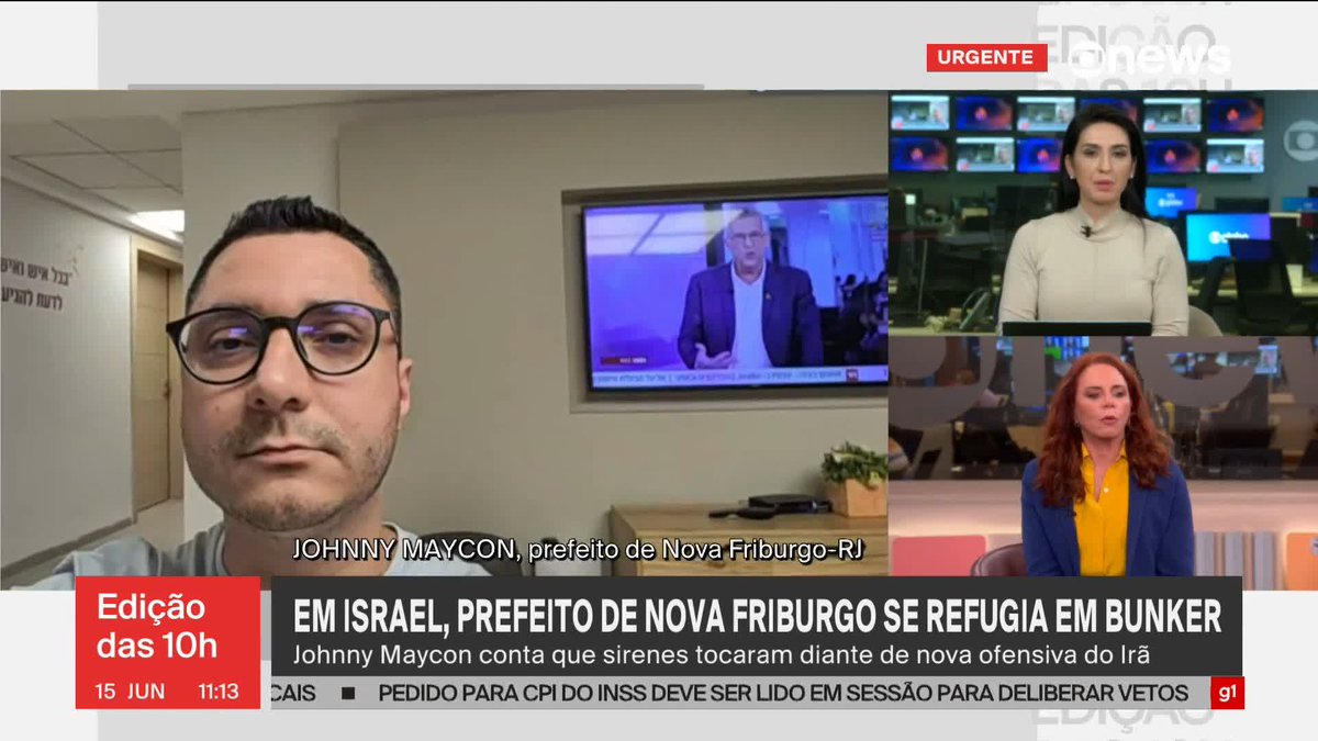 Em Israel, prefeito de Nova Friburgo se refugia em bunker; Johnny Maycon está no país em viagem oficial acompanhado de outros prefeitos do Brasil e de países da América Latina. ➡ Assista à #GloboNews: