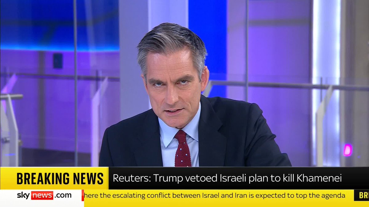 BREAKING: US President Donald Trump vetoed an Israeli plan in recent days to kill Iran's Supreme Leader Ayatollah Ali Khamenei, two US officials have told Reuters. Sky's @JonathanSamuels reports. Israel-Iran live: 📺 Sky 501, Virgin 602 and Freeview 233