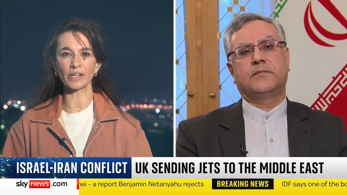 Seyed Ali Mousavi, Iranian ambassador to the UK, is asked by Yalda Hakim if Iran has the capability to continue its conflict with Israel. He responds that continuing is a matter of "principle" and that for Iran it is about "self-defence". Latest: